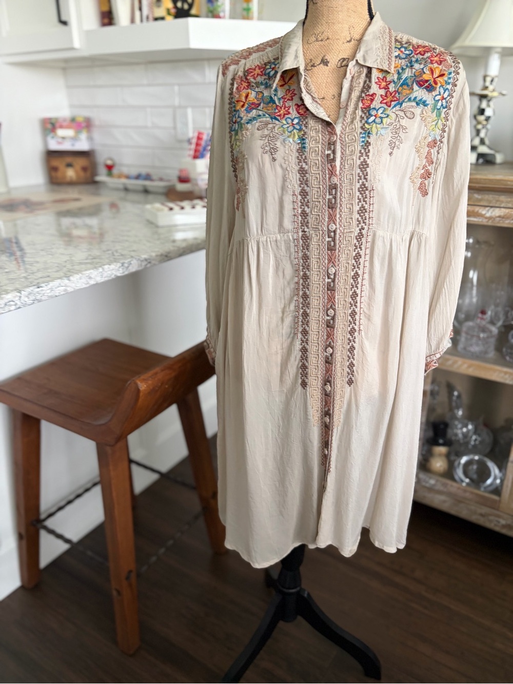 Boho Embroidered Cream Shirt Dress